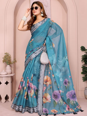Rajwada Teal Blue Cotton Printed Saree For Women