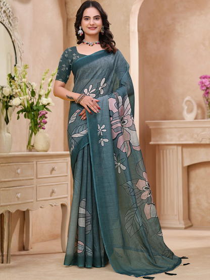 Rajwada Teal Green Cotton Printed Saree For Women