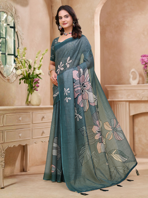 Rajwada Teal Green Cotton Printed Saree For Women