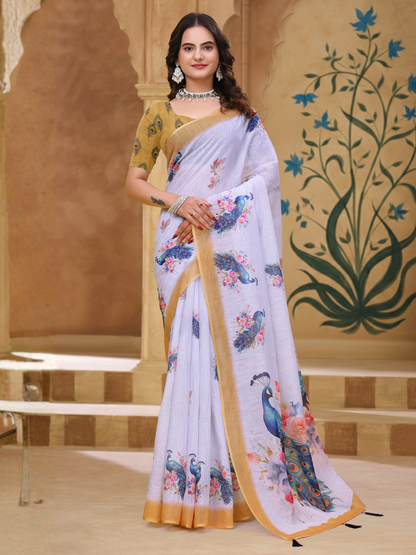 Rajwada White And Gold Cotton Printed Saree For Women