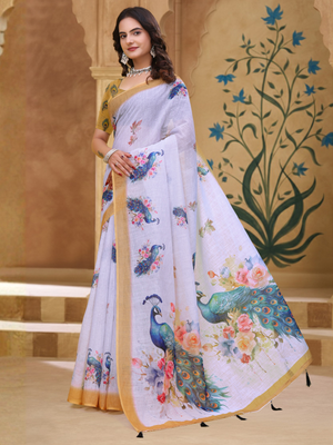 Rajwada White And Gold Cotton Printed Saree For Women