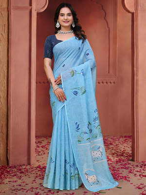 Rajwada Sky Blue Cotton Printed Saree For Women