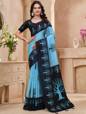 Rajwada Sky Blue And Black Cotton Printed Saree For Women