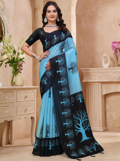 Rajwada Sky Blue And Black Cotton Printed Saree For Women