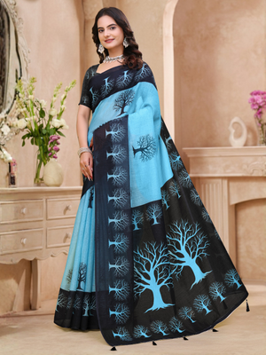 Rajwada Sky Blue And Black Cotton Printed Saree For Women