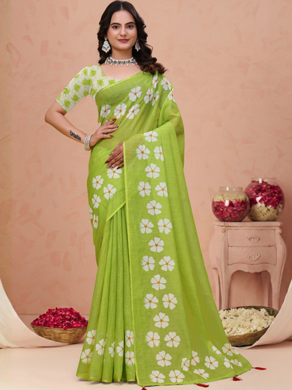 Rajwada Lime Green Cotton Printed Saree For Women