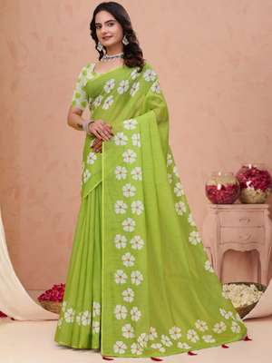Rajwada Lime Green Cotton Printed Saree For Women
