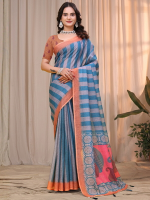 Rajwada Dusty Blue And Peach Cotton Printed Saree For Women