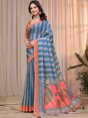 Rajwada Dusty Blue And Peach Cotton Printed Saree For Women
