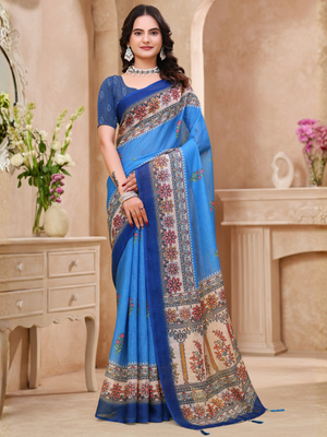 Rajwada Blue Cotton Printed Saree For Women