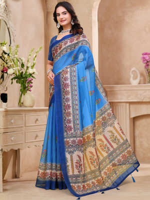Rajwada Blue Cotton Printed Saree For Women
