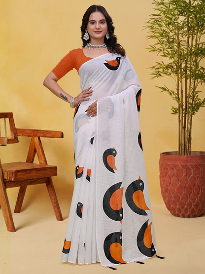 Rajwada White Cotton Printed Saree For Women