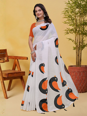 Rajwada White Cotton Printed Saree For Women