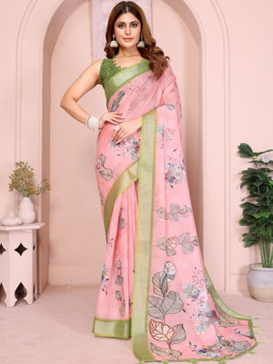 Rajwada Light Pink Cotton Printed Saree For Women