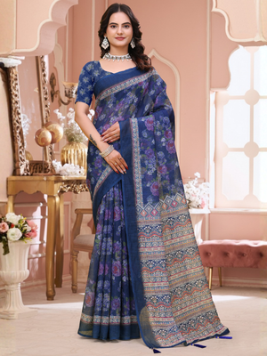 Rajwada Navy Blue Cotton Printed Saree For Women