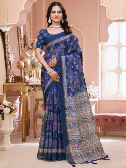 Rajwada Navy Blue Cotton Printed Saree For Women