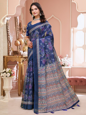 Rajwada Navy Blue Cotton Printed Saree For Women