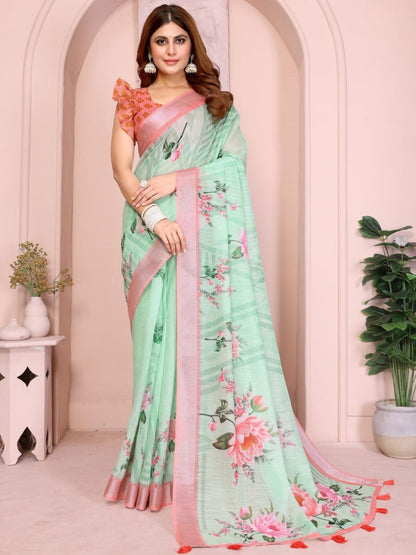 Rajwada Sea Green Cotton Printed Saree For Women