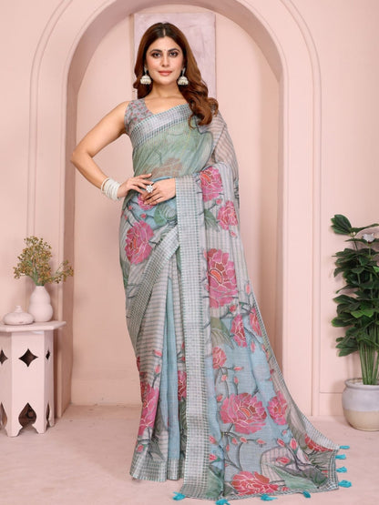 Rajwada Green Cotton Printed Saree For Women