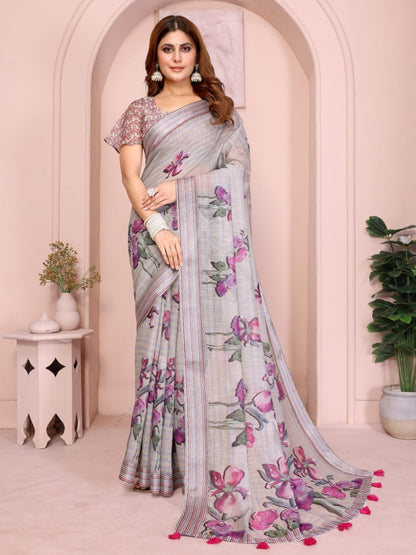 Rajwada Light grey Cotton Printed Saree For Women
