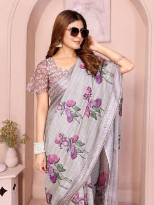 Rajwada Light grey Cotton Printed Saree For Women