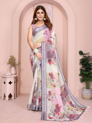 Rajwada Off White Cotton Printed Saree For Women