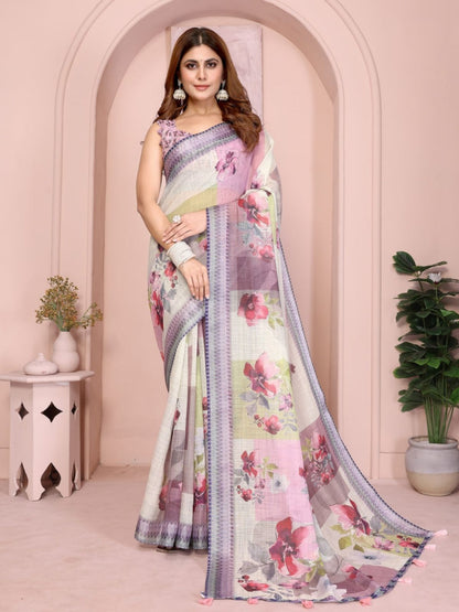 Rajwada Off White Cotton Printed Saree For Women