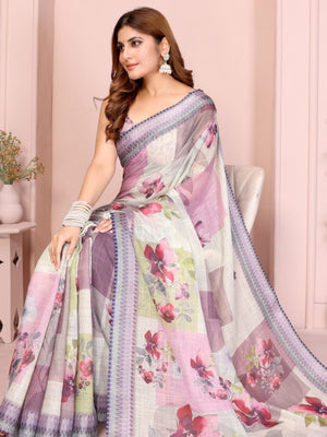 Rajwada Off White Cotton Printed Saree For Women