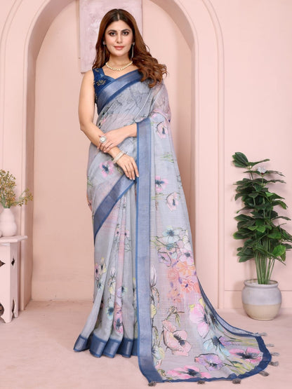 Rajwada Light grey Cotton Printed Saree For Women