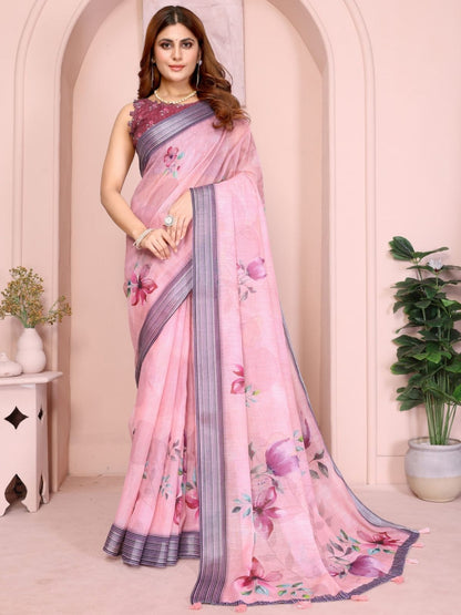 Rajwada Pastel Pink Cotton Printed Saree For Women