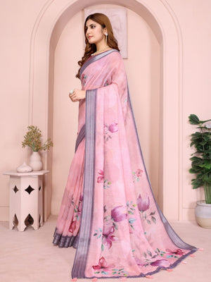 Rajwada Pastel Pink Cotton Printed Saree For Women