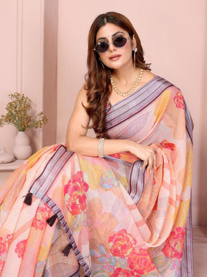 Rajwada Pastel Peach Cotton Printed Saree For Women