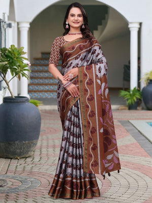 Rajwada Silver And Brown Cotton Blend Printed Saree For Women