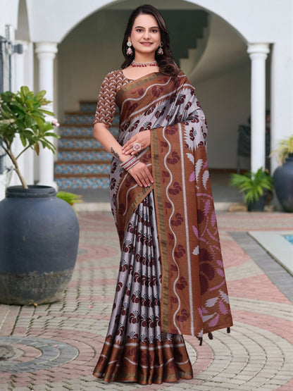 Rajwada Silver And Brown Cotton Blend Printed Saree For Women