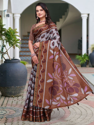 Rajwada Silver And Brown Cotton Blend Printed Saree For Women