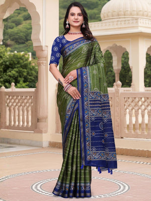 Rajwada Olive Green Cotton Blend Printed Saree For Women