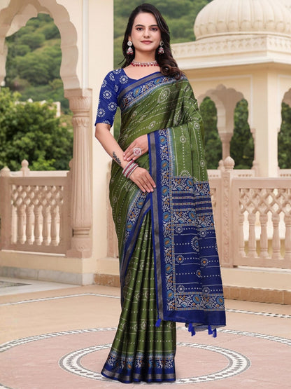 Rajwada Olive Green Cotton Blend Printed Saree For Women