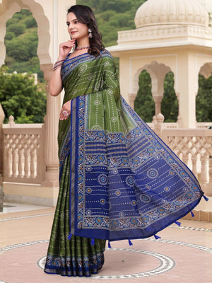 Rajwada Olive Green Cotton Blend Printed Saree For Women