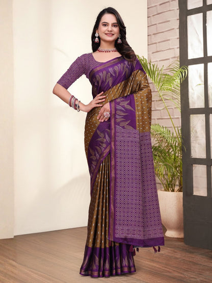 Rajwada Brown And Dark Purple Cotton Blend Printed Saree For Women