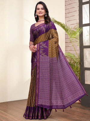 Rajwada Brown And Dark Purple Cotton Blend Printed Saree For Women