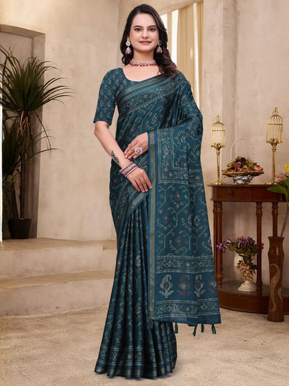 Rajwada Teal Green Cotton Blend Printed Saree For Women