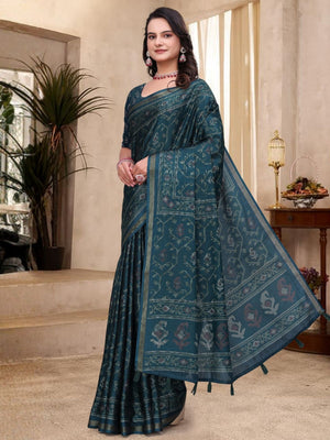 Rajwada Teal Green Cotton Blend Printed Saree For Women