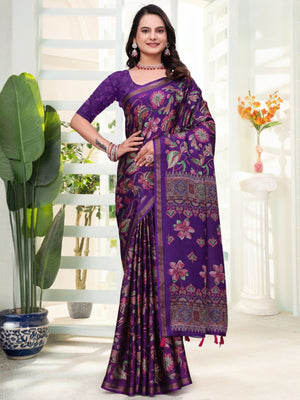 Rajwada Deep Purple Cotton Blend Printed Saree For Women