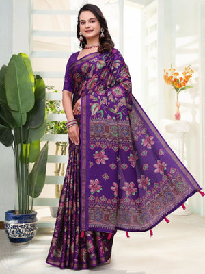 Rajwada Deep Purple Cotton Blend Printed Saree For Women
