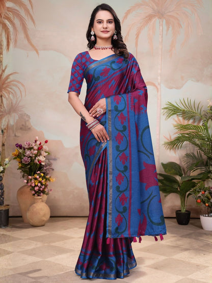 Rajwada Light Blue And Wine Cotton Blend Printed Saree For Women