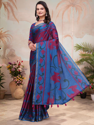 Rajwada Light Blue And Wine Cotton Blend Printed Saree For Women
