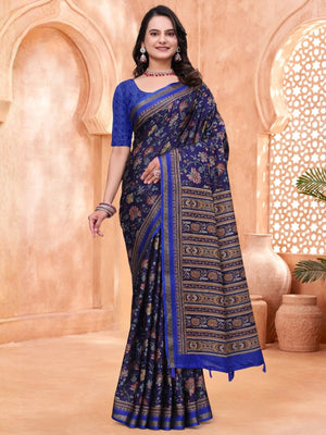 Rajwada Navy Blue Cotton Blend Printed Saree For Women