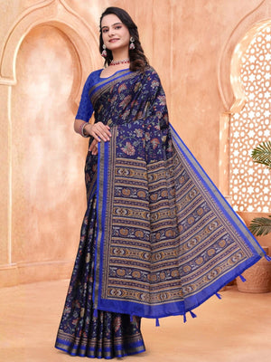Rajwada Navy Blue Cotton Blend Printed Saree For Women