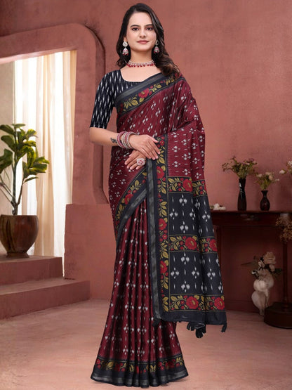 Rajwada Maroon Cotton Blend Printed Saree For Women