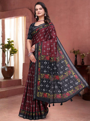 Rajwada Maroon Cotton Blend Printed Saree For Women